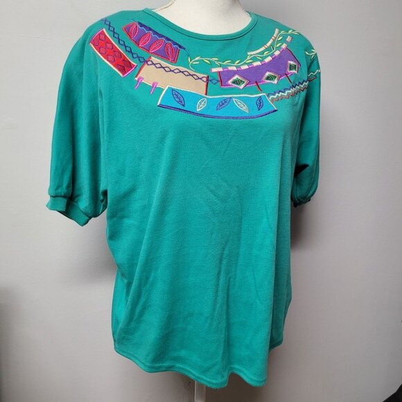 Koret Francisca Shirt Green Embroidered 80s Shoulder Pads Vintage Womens M Tribe - Picture 1 of 9